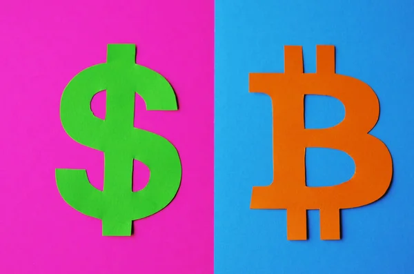 The dollar sign on a pink background and a sign of bitcoin on a blue background close-up. Conceptual collage about cryptocurrency in the style of cyberpunk