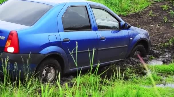Відео буксирів синіх автомобілів і виходів з великої брудної калюжі, в якій застряг — стокове відео