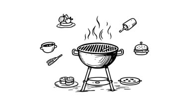 Barbekü hattı. Açık hava yemek ekipmanlarının sanat çizimi.