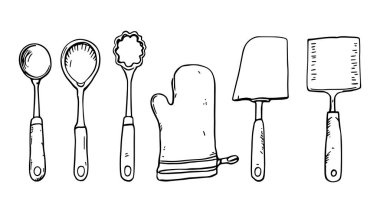 Pişirme araçları temel mutfak gereçlerinin sanat çizelgesi