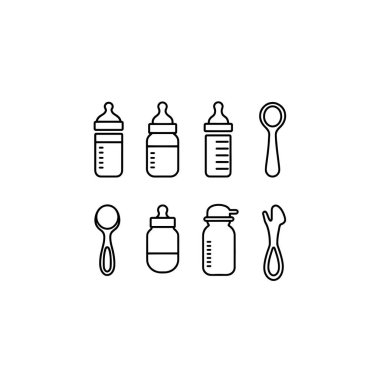 Şişe kaşıkları da dahil olmak üzere bebek eşyaları sanat vektörü