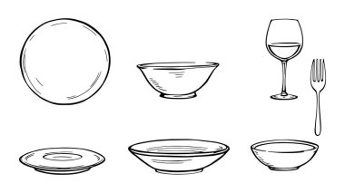 Zarif yemek düzenlemeleri için Tabak Servis Vektörü çizgisi çizimi