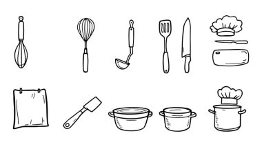 Mutfak Aletleri Hattı çeşitli yemek pişirme araçlarının çizimi