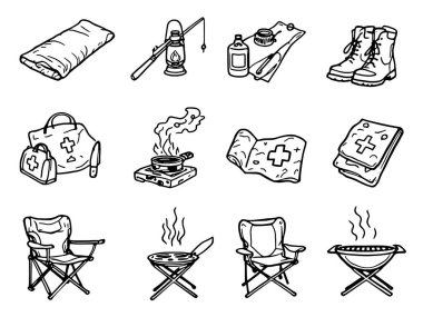 Kamp elemanları vahşi maceralar için sanat koleksiyonu çiziyor