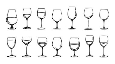 Bir bardak şarap serisi. Dekorasyon için basit sanatsal çizimler.