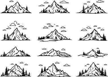 Dağ manzarası vektör çizgisi. Detaylı çizim. Doğal güzellik davet edilmiş sükunet.