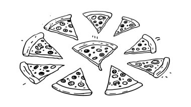 Pizza uçan çizgiler, soyut malzemelerle görsel hikaye.