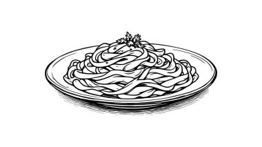 Fettucini alfredo tabağı ve garnitür serisi. Lezzetli yemek çizimi.