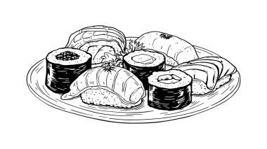 Detaylı lezzetli yemekler içeren gerçekçi suşi tabağı çizimi