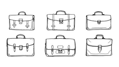 Zarif işlevsel aksesuarları vurgulayan Retro Deri Evrak Çizgisi çizimi