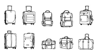 Farklı seyahat çantaları. Bagajın vektör çizimi. elle çizilmiş vektör koleksiyonu.