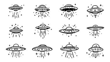 UFO, doodle vektör simgesi seti, el çizimi illüstrasyon