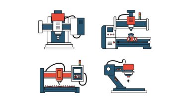 Dikiş makinesi seti. Beyaz arkaplanda izole edilmiş düz çizgi film illüstrasyonunun vektör düz çizimi.