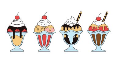 Dondurma seti ve farklı tatlılar. izole vektör illüstrasyonu