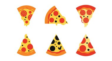 Dilimlenmiş, dilimlenmiş, peynirli, domatesli, zeytinli, acı ve baharatlı pizza. Fast food dağıtım konsepti. düz biçim tasarımı