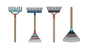 Farklı bahçe aletleri. Bahçe malzemeleri. Bahçe aletleri. Bahçe aletleri, tırmık. vektör illüstrasyonu.