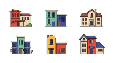 Bir sürü farklı ev. düz tasarım vektör çizimi.