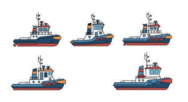 Deniz taşımacılığı seti. Bir geminin vektör karikatürü çizimi.