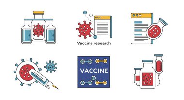 Aşı seti ve covid 19 aşı ikonları vektör illüstrasyonu
