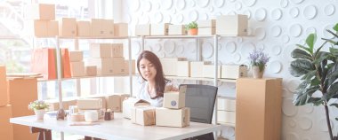 Kutuları hazırlamak için online siparişleri kabul eden ve kontrol eden genç bir kadın. Müşterilere satıyorum. Çevrimiçi KOBİ iş fikri. Çevrimiçi alışveriş ve serbest çalışma kavramı.