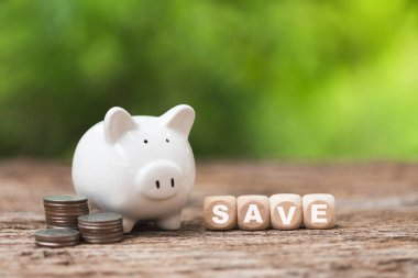 Para biriktirme yatırım konsepti. Yeşil bokeh geçmişi olan domuz kumbarası. Tasarruf ve yatırım dengesi..