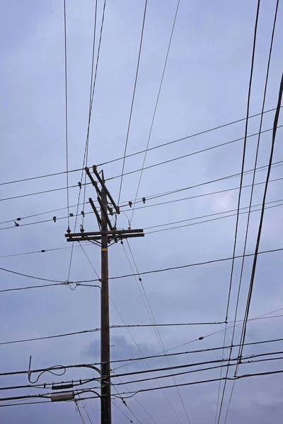 グレーの曇りの秋の空の下で電気配電パイロンと送電線の網の低角度ビュー — ストック写真
