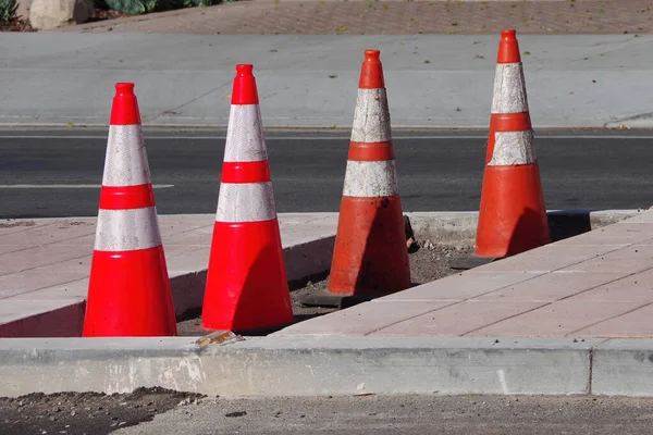 Close View Four Traffic Cones Road Work Site Center Divider Stock Picture