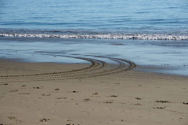 Half circle vehicle tracks on an ocean beach in the wet sand close to incoming blue water waves