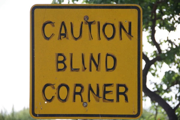 Large Yellow Black Warning Sign Street Caution Blind Corner — Stock Photo, Image