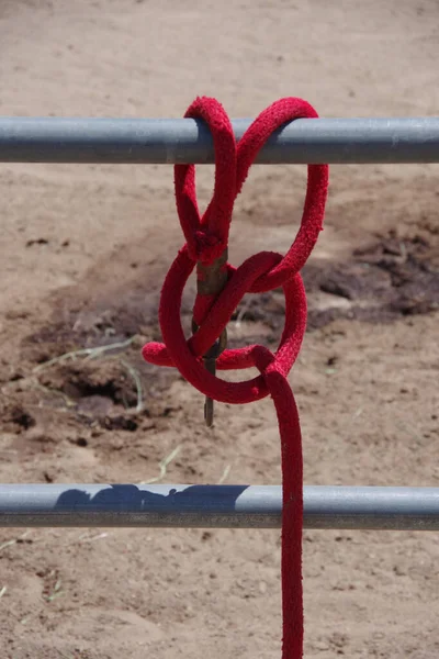 铁门上挂着一根红色的绳子 — 图库照片