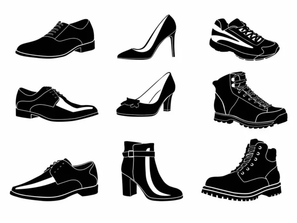 Varios Tipos Zapatos Gráficos Vectores Siluetas Zapatos Para Hombre Mujer — Vector de stock