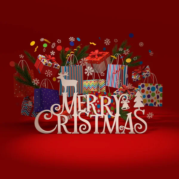 Illustrazione Buon Natale Shopping Regali Dal Negozio Uno Sfondo Rosso — Foto Stock
