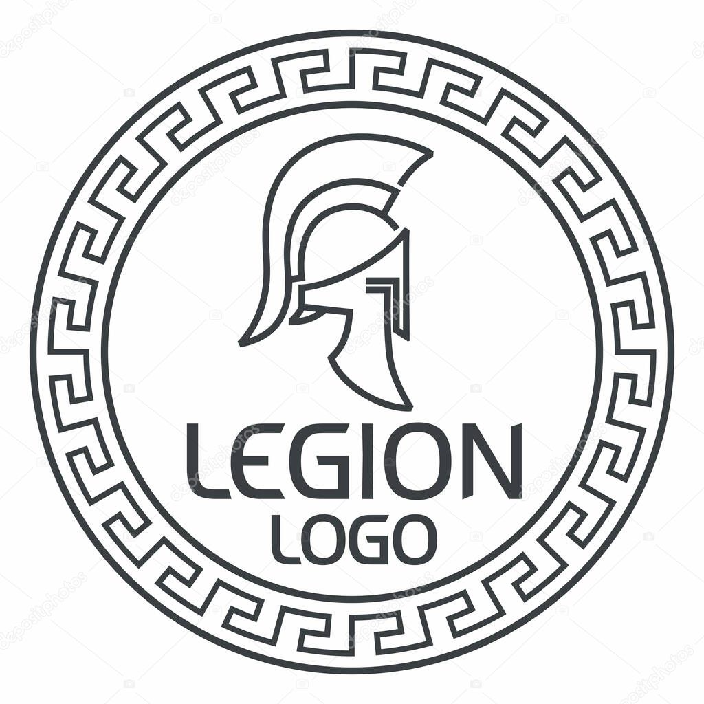 Legion logo. Stylish linear vector graphics. Ancient Greek helmet and inscription in a round Greek pattern