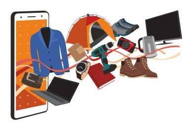 İnternetteki mağaza. Ürün akıllı telefondan uçuyor. Erkek ceketleri, ayakkabılar, elektronik aletler, aletler, çadırlar telefonla satın alınır
