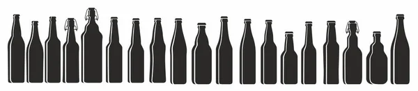 Bira şişelerinin siluetleri. Çeşitli tipler ayarlandı. Siyah beyaz grafikler