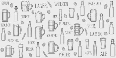 Çeşitli bira bardakları, bardaklar ve şişelerin geçmişi. Bira stili harfleri. Çubuk dekorasyonu için vektör grafikleri