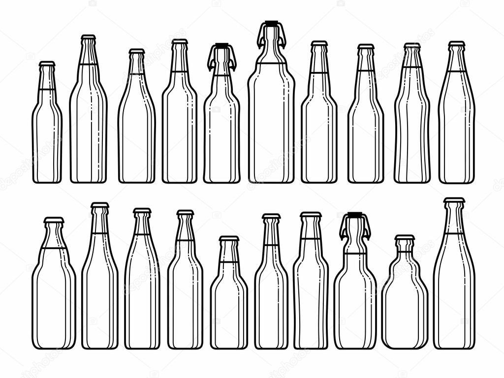 Set of various beer bottles. Bottles of different shapes and sizes. Linear vector graphics