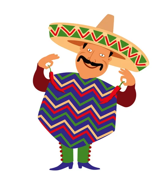 Funny Mexican Sombrero Poncho Holds Chili Peppers Vector Graphics — Stock Vector