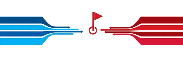 青と赤の矢印は 市内に飛ぶ 概念設計 フォーラムへの参加者の到着の話 — ストックベクタ
