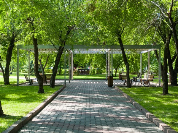 Stadtplatz Kopfsteinpflaster Bänke Zum Ausruhen Grüne Vegetation Park Sonniger Sommertag — Stockfoto