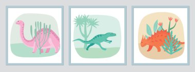 Triptych funny dinosaurs. Various colored funny lizards. Art graphics clipart