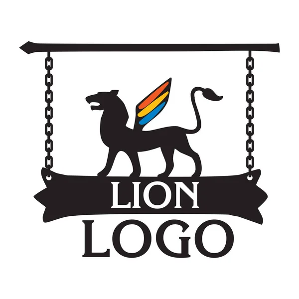 狮子标志 中世纪标志板的样式化 一只有翅膀的狮子的轮廓挂在锁链上 — 图库矢量图片