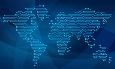 Mikro devre şeklinde bir dünya haritası. Mavi arka planda elektronik hatlar. Vektör grafikleri