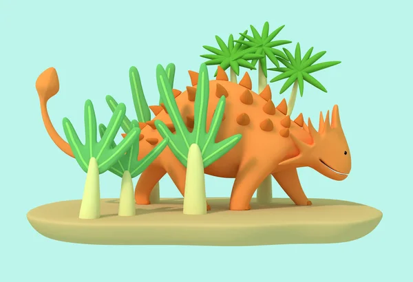 3d illustration. A cool cartoon dinosaur with thorns walks among the ancient vegetation. Plasticine style