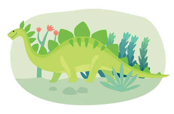 Dinosaurio Lindo Dibujos Animados Verdes Camina Través Del Bosque Primitivo — Vector de stock