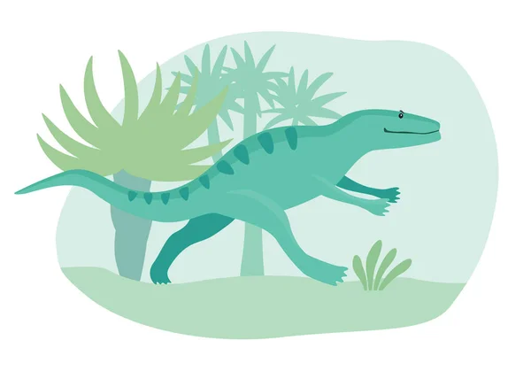 원시림을 가로지르는 청록색 만화귀여운 공룡입니다 그래픽 — 스톡 벡터
