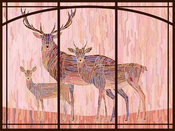 鹿のステンドグラス ピンクの背景に鹿の家族 色モザイク — ストックベクタ