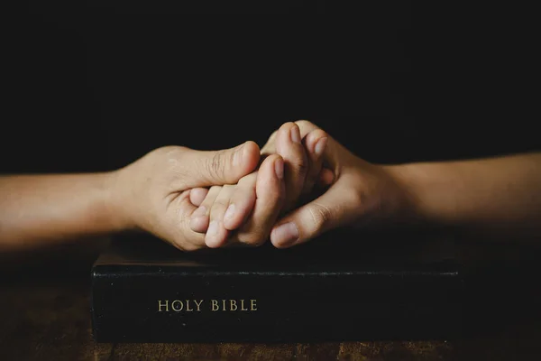 Hands Folded Prayer Holy Bible Church Concept Faith Spirituality Religion — Stock Photo, Image