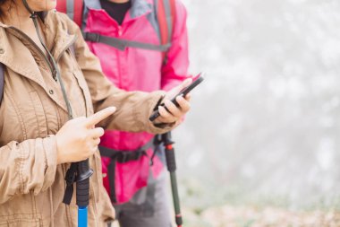 Ormanda gezinmek için akıllı telefon kullanan yürüyüşçülerin kapatılması, macera sembolü, takım çalışması, teknoloji, GPS haritası, açık hava yaşam tarzı, keşif, seyahat ve modern yürüyüş aktivitesi.