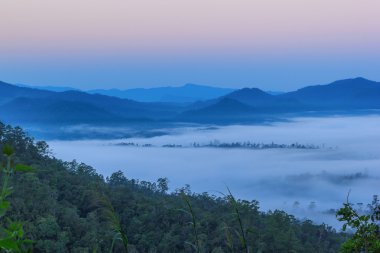 Sabah sis dağlar gündoğumu sırasında.